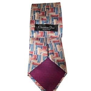 Christian Dior Monsieur Mens Silk Abstract Geometric Tie Red Blue Beige